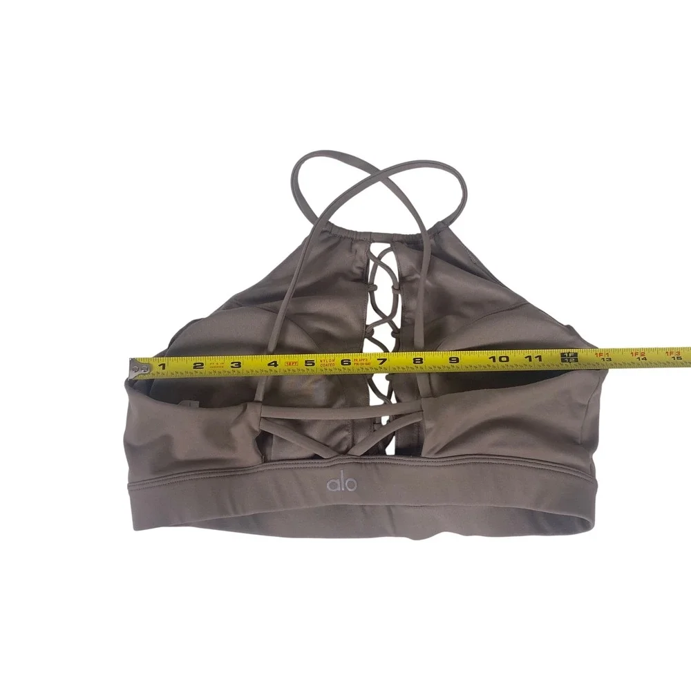 Alo Yoga Womens High Neck Lace Up‎ Front Strappy Back Sports Bra Taupe Athletic